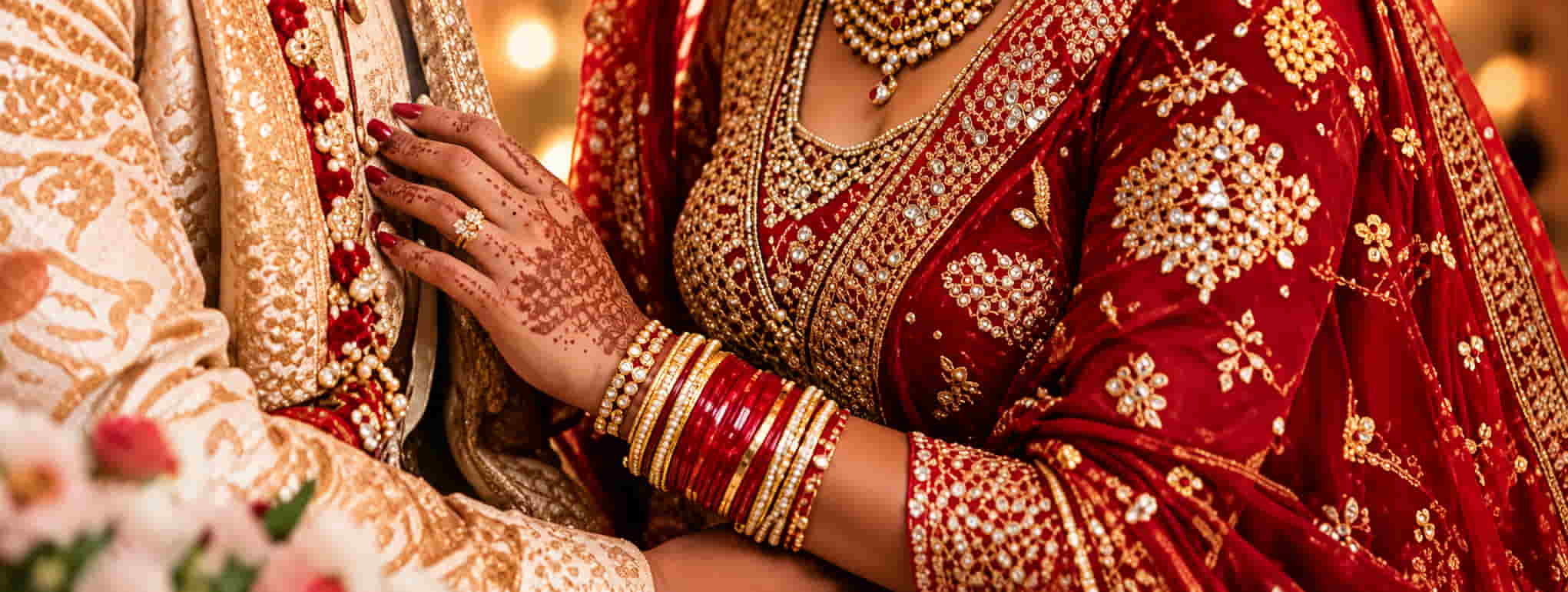Bride's mehendi-adorned hand resting on the groom's sherwani