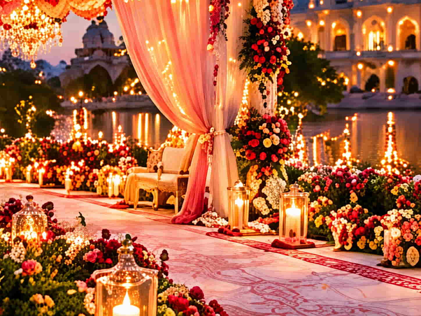 Candle-lit mandap draped in pink beside a lake