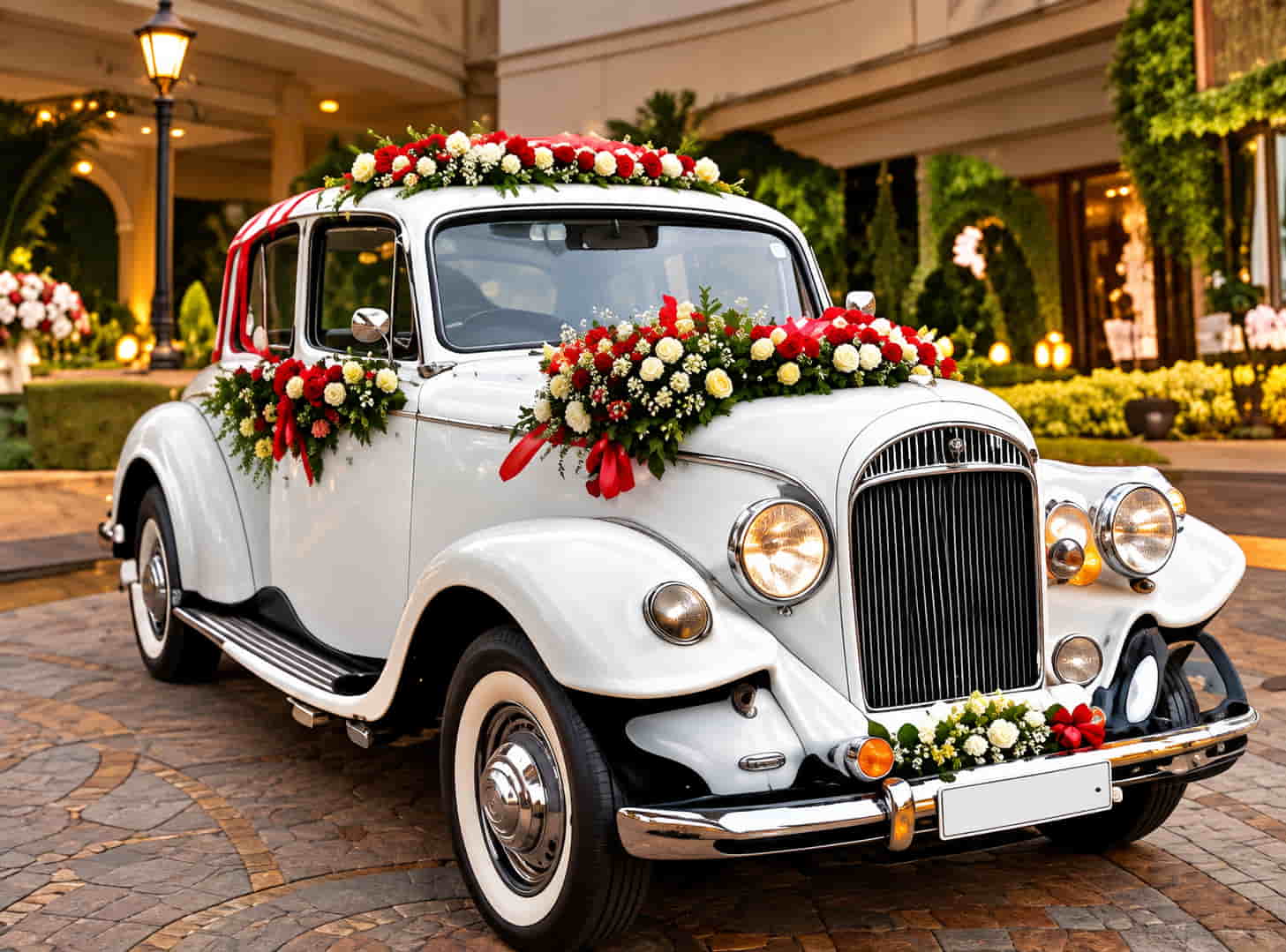 Vintage wedding car decorated with flowers