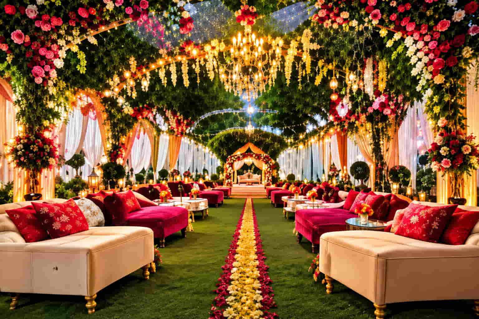 Outdoor lounge seating under lit garden arches