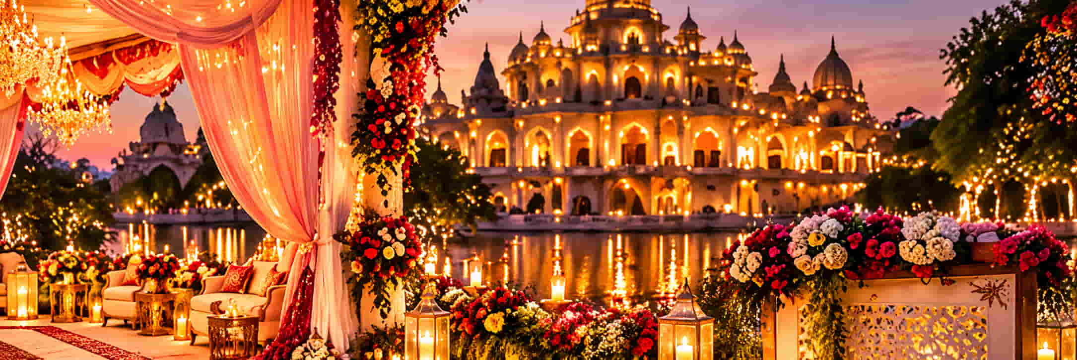 Wedding mandap with flowers and lanterns beside an illuminated palace