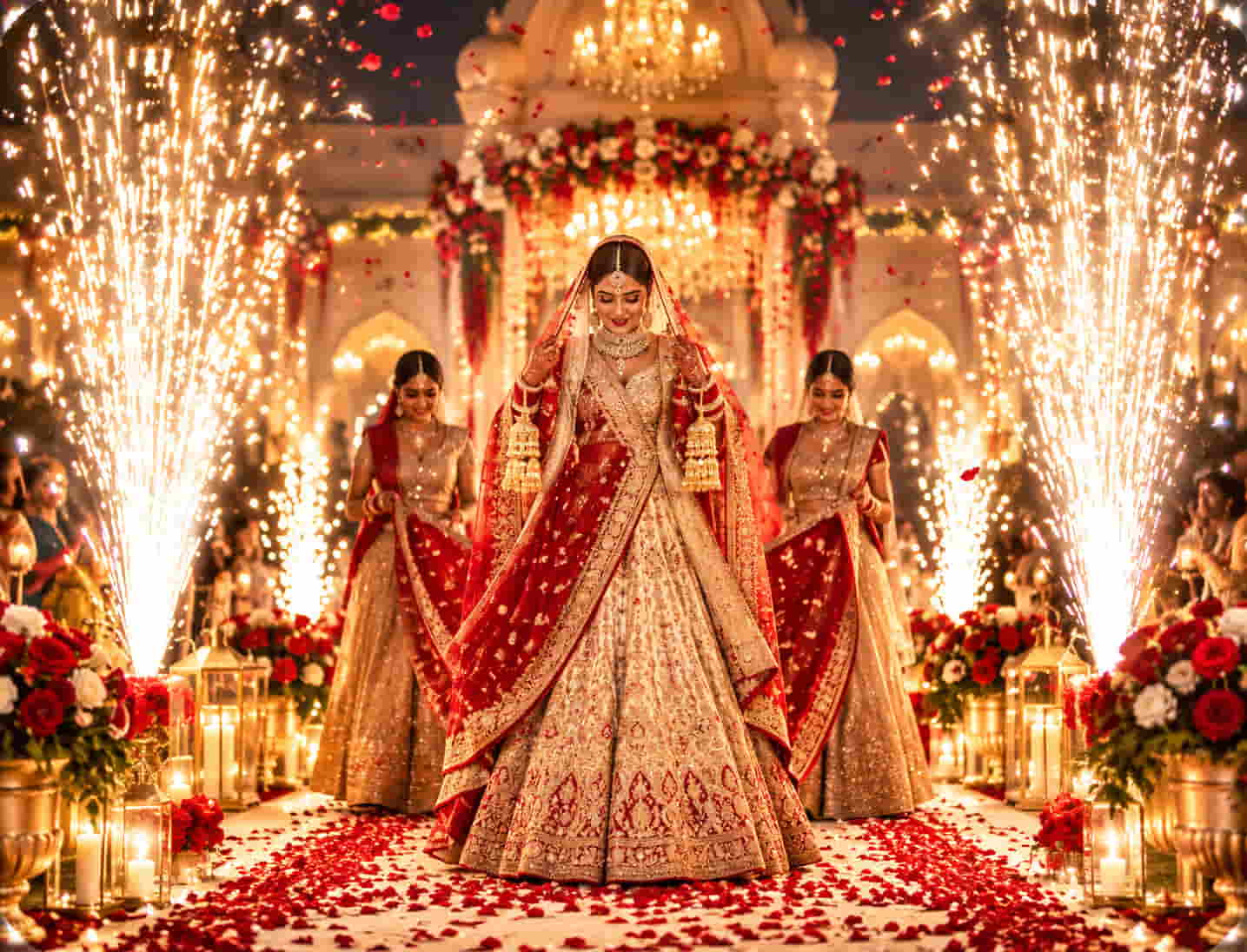 Bride making her grand entry between cold-pyro sparklers