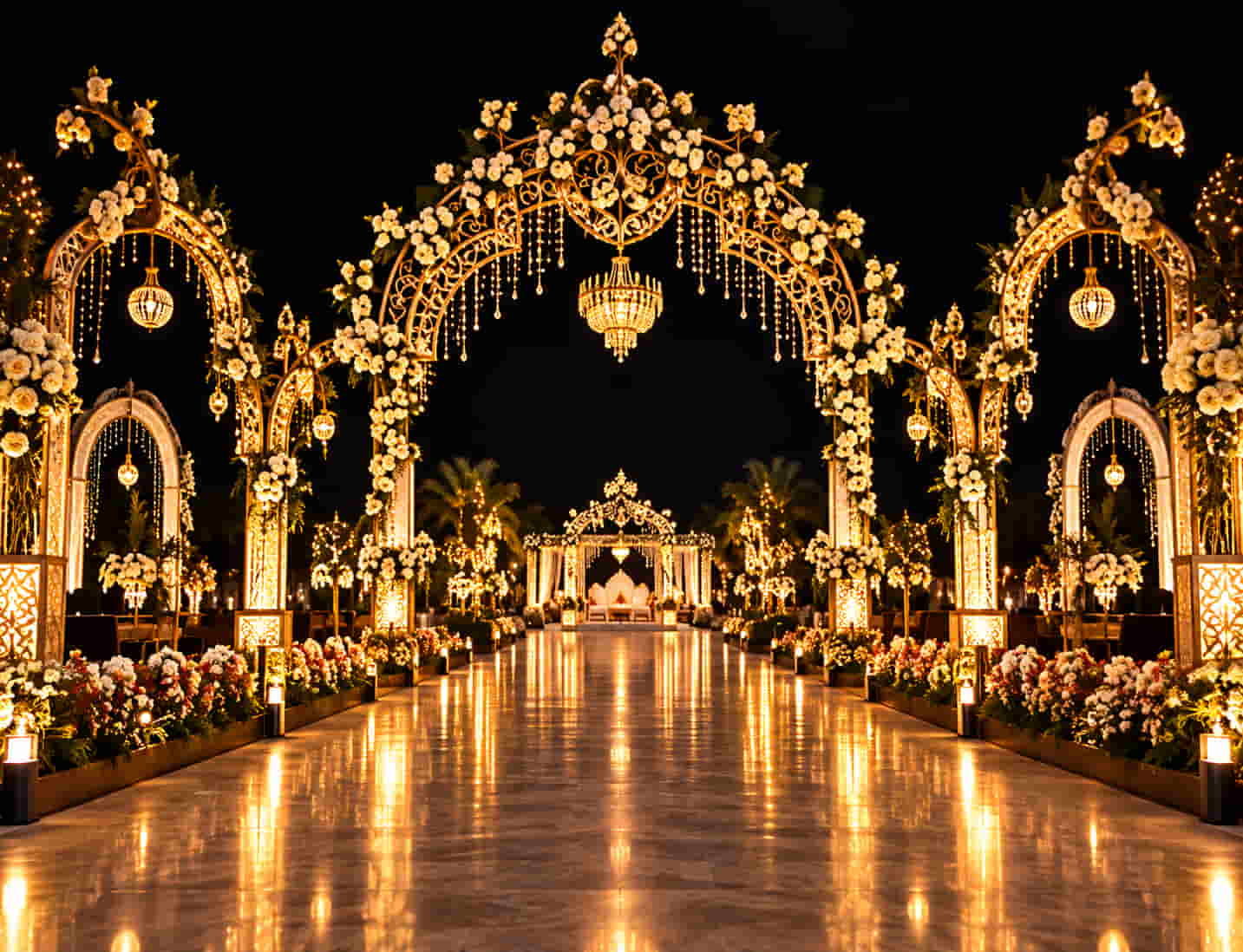 Wedding pathway lined with glowing golden arches at night