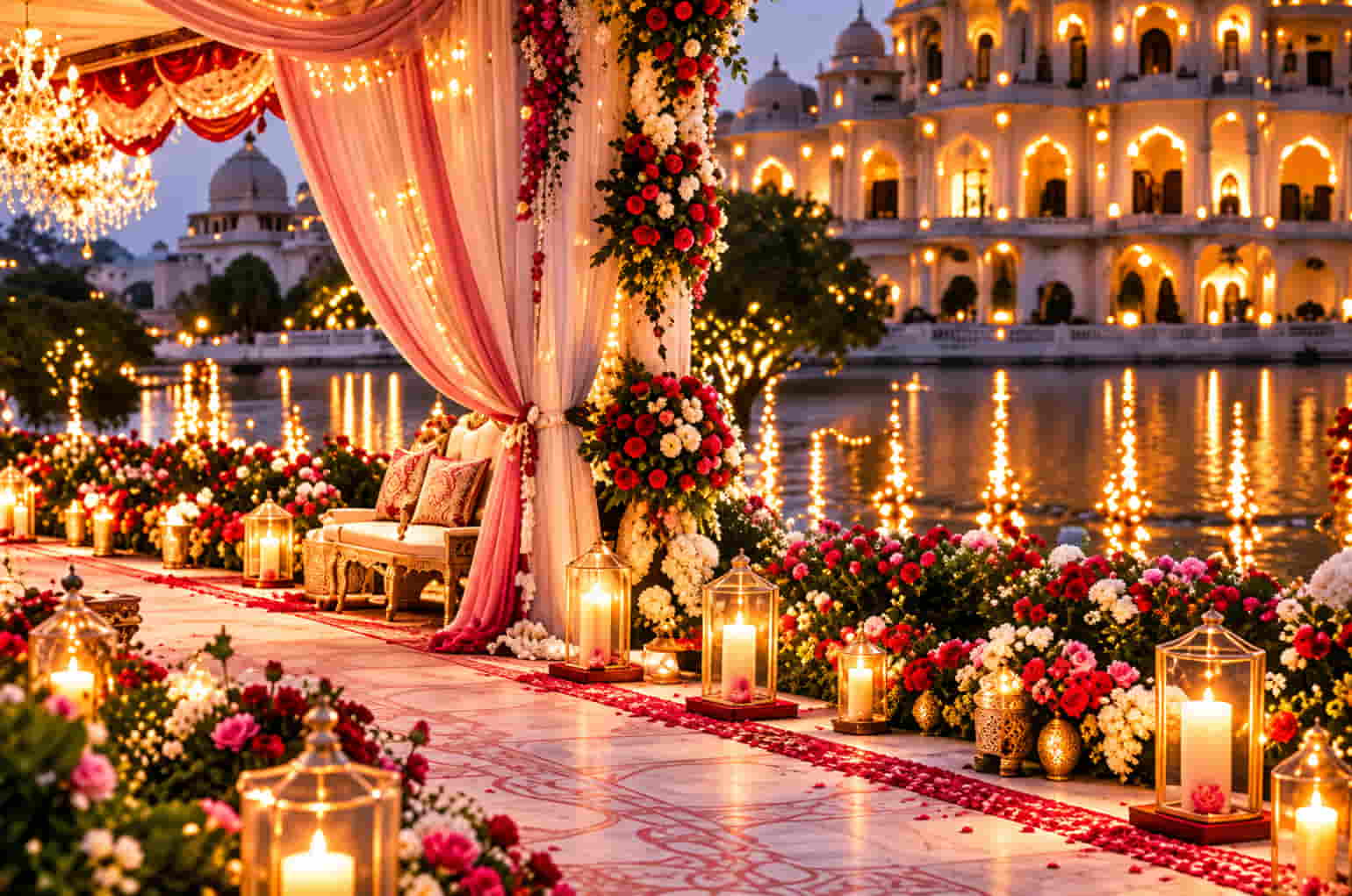 Lantern-lit floral pathway leading to a wedding lounge